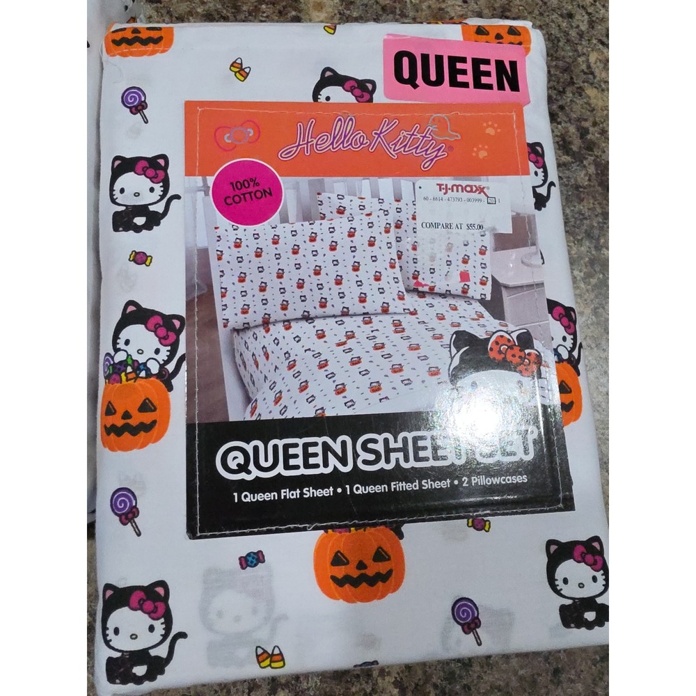 Hello Kitty Halloween Queen Sheet Set 100% Cotton Pumpkin Black Cat Sanrio NWT55